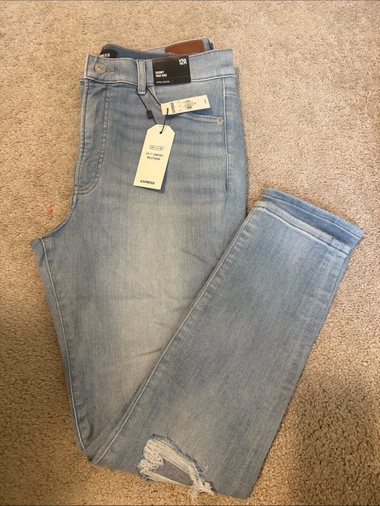 Express Denim - Express Pale Blue High-Rise Skinny Jeans with Distressed Hem